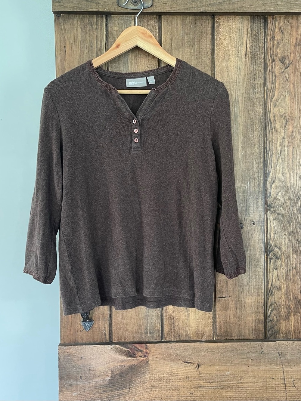 Croft & Barrow Brown Rib Knit Crochet Trim 3/4 Sleeve Henley Top Rustic Boho